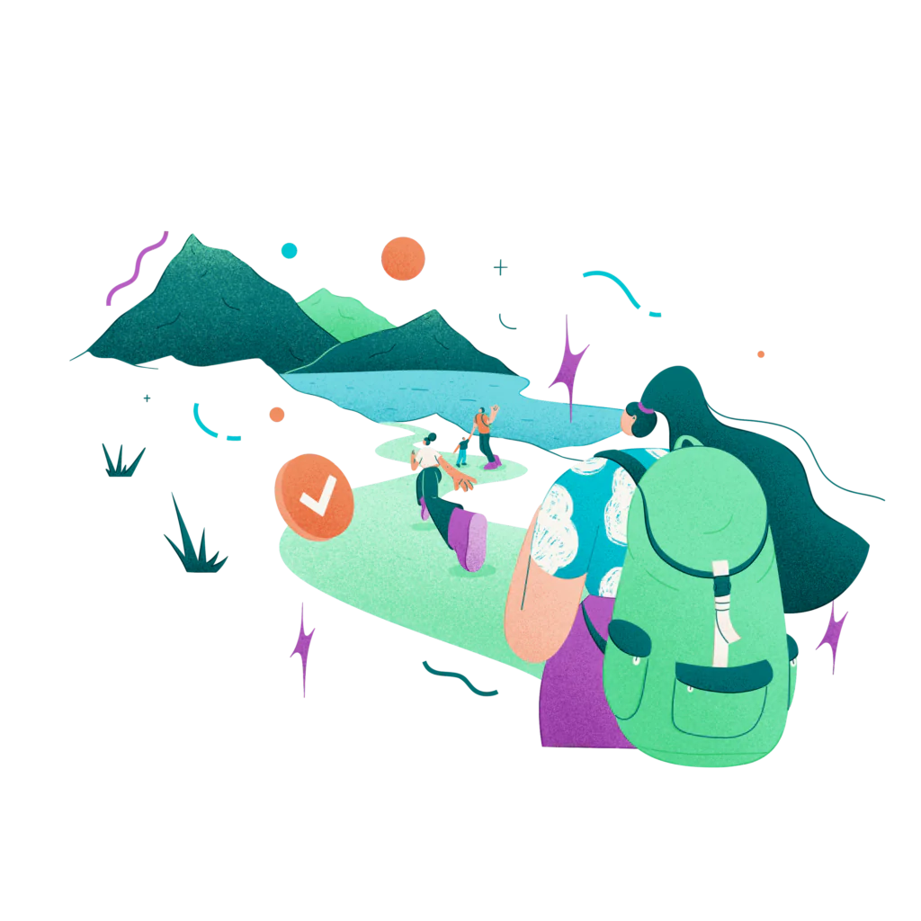 Illustration d’un couple en voyage, marchant vers les montagnes.