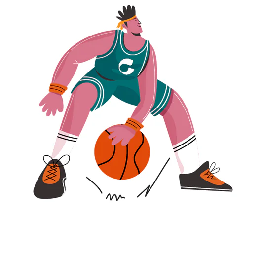 Illustration d’un joueur de basket stylisé aux couleurs de Garance, symbolisant leur engagement dans le sport