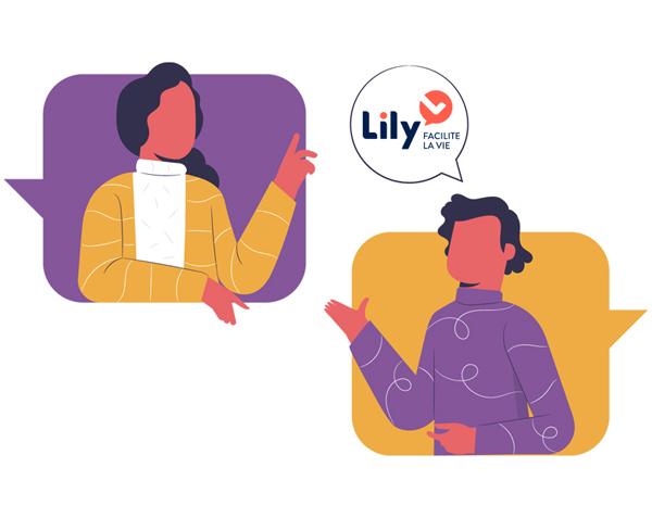 Illustration avec deux personnages et le logo Lily facilite la vie