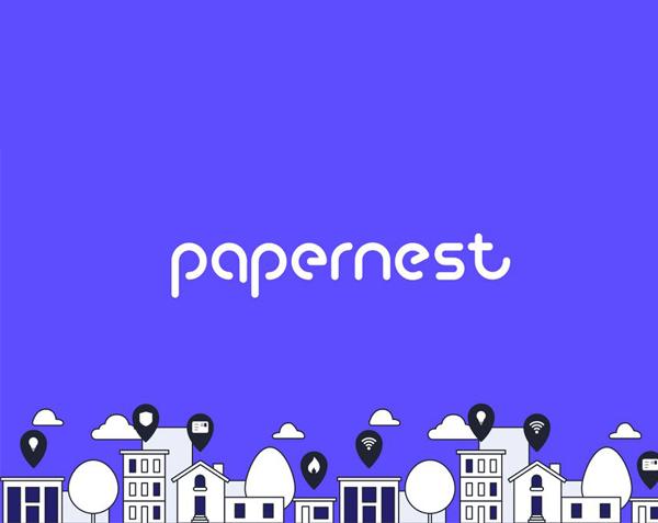 Logo Papernest sur fond bleu avec illustration de maisons et pictogrammes